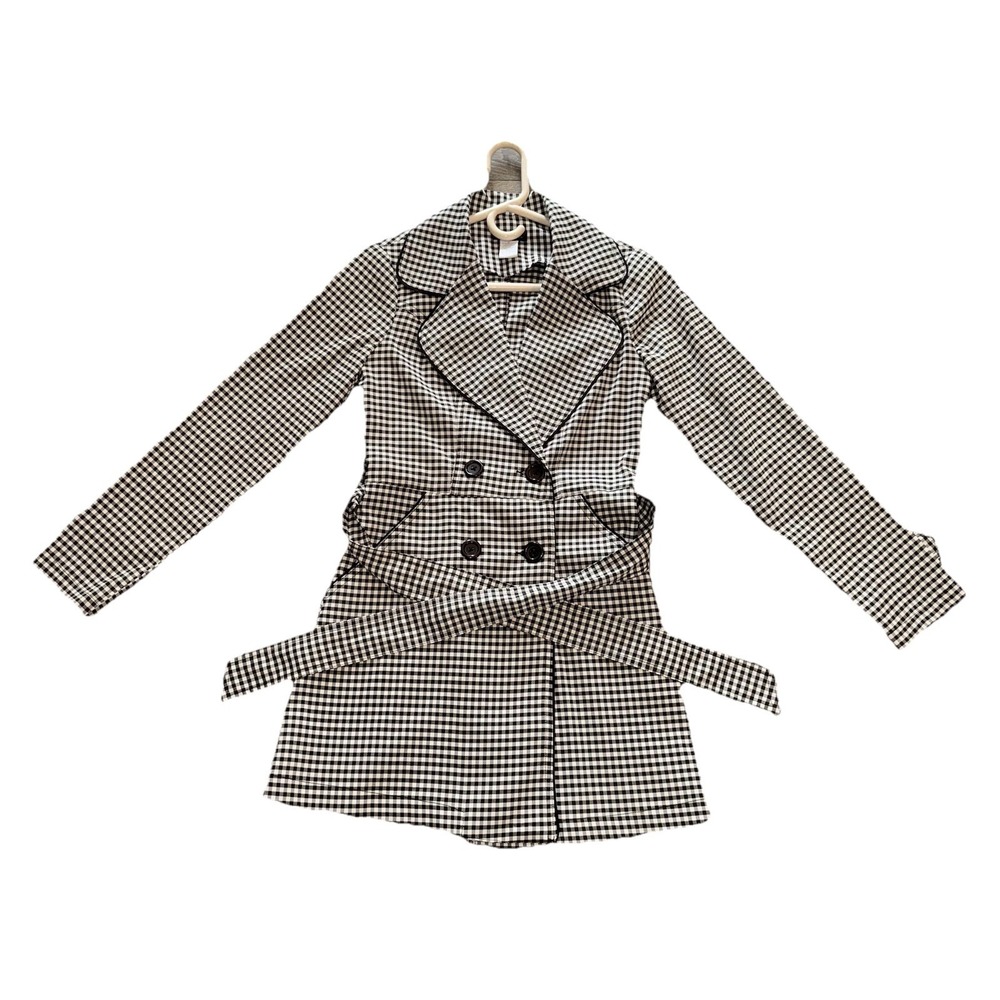 Better B Women's Trench Coat  Button Down Gingham Double Breasted Belted‎ Coat S